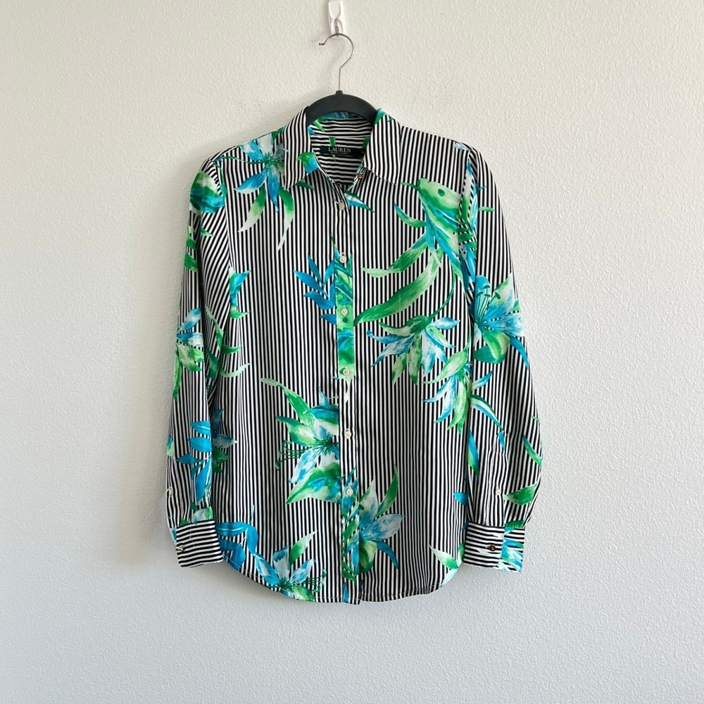 Lauren Ralph Lauren Black/White Striped Tropical Button-Down Shirt S Resortwear